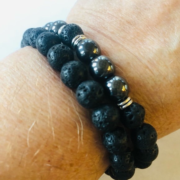 Unisex Two “Kratos “ Black Lava and Hematite Healing Stretch Bracelets - Picture 6 of 9